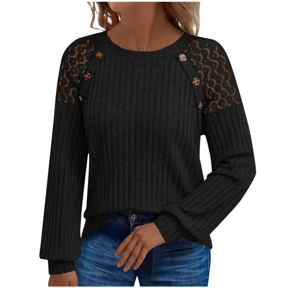 HomeDM Womens Crewneck Shirts Lace Long Sleeve Tops Solid Color Dressy Business Work T-Shirts Casual Fall Knitted Blouses - Black/2XL