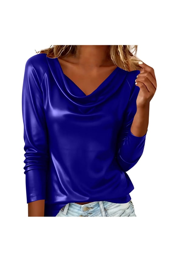 HomeDM Womens Faux PU Leather Long Sleeve Tops Trendy Cowl Neck Solid Color Shirts Casual Ruched Party Tops - Blue/S