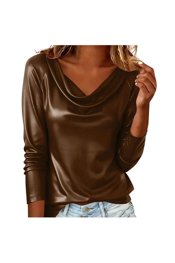 HomeDM Womens Faux PU Leather Long Sleeve Tops Trendy Cowl Neck Solid Color Shirts Casual Ruched Party Tops - Brown/M