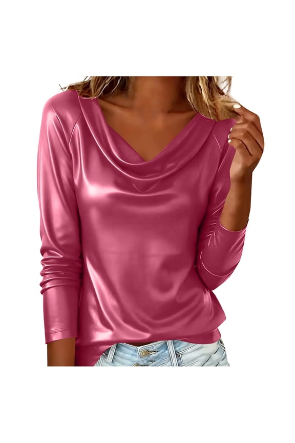 HomeDM Womens Faux PU Leather Long Sleeve Tops Trendy Cowl Neck Solid Color Shirts Casual Ruched Party Tops - Hot Pink/S