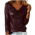 thumbnail image 1 of HomeDM Womens Faux PU Leather Long Sleeve Tops Trendy Cowl Neck Solid Color Shirts Casual Ruched Party Tops - Wine/XL, 1 of 6