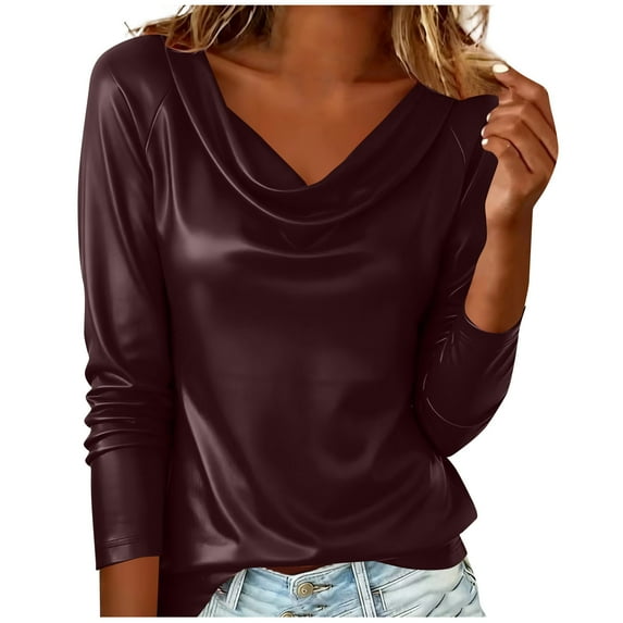 HomeDM Womens Faux PU Leather Long Sleeve Tops Trendy Cowl Neck Solid Color Shirts Casual Ruched Party Tops - Wine/XL