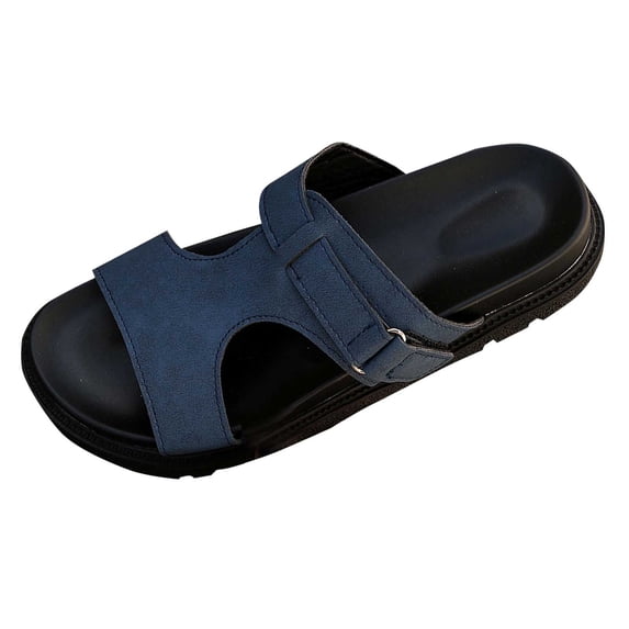HomeDM Womens Flat Sandals Comfort Plantar Arch Support Slip On Beach Slides Summer Open Toe Walking Sandal, Blue Size 9