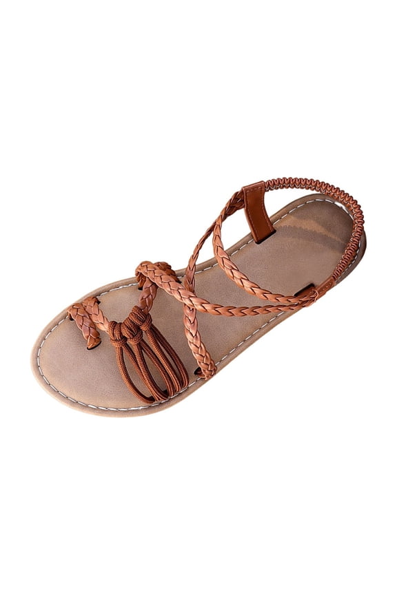 Womens Flat Sandals Cross Strap Open Toe Ring Ankle Strap Dressy Summer Beach Slide Sandals, Brown Size 9