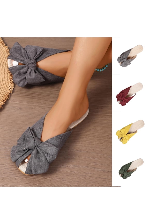 Womens Flat Sandals Dressy Bowknot Closed Toe Slip-On Summer Beach Slide Sandals, Gray Size 8.5