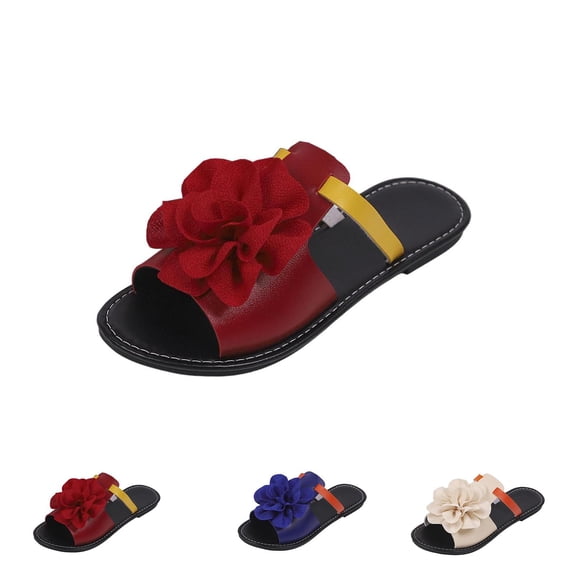 HomeDM Womens Flat Sandals Dressy Floral Open Toe Slip-On Summer Beach Slide Sandals, Red Size 5.5