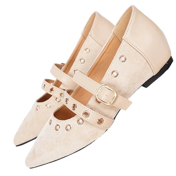 HomeDM Womens Flats Mary Jane Closed Pointy Toe Buckle Strap Slip On Dress Shoes for Wedding Party Work, Beige Size 6