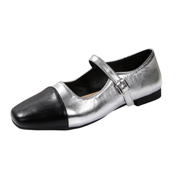 HomeDM Womens Flats Mary Jane Closed Square Toe Buckle Strap Slip On Dress Shoes for Wedding Party Work, Silver Size 7