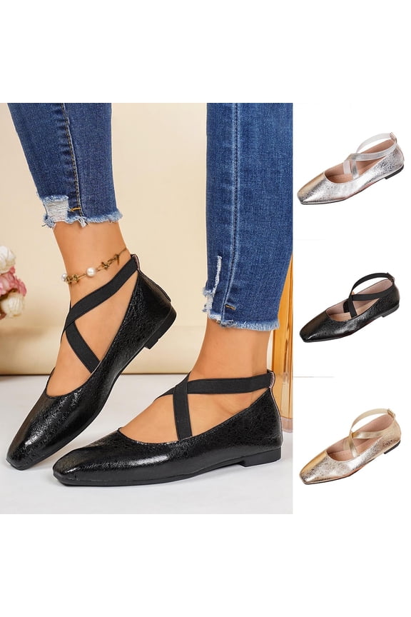Womens Flats Mary Jane Square Toe Elastic Ankle Straps Comfortable Ballet Flats for Dressy Office, Black Size 5.5