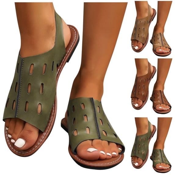 HomeDM Womens Flats Sandals Open Toe Ankle Strap Slip on Comfy Summer Beach Walking Sandals, Army Green Size 5.5