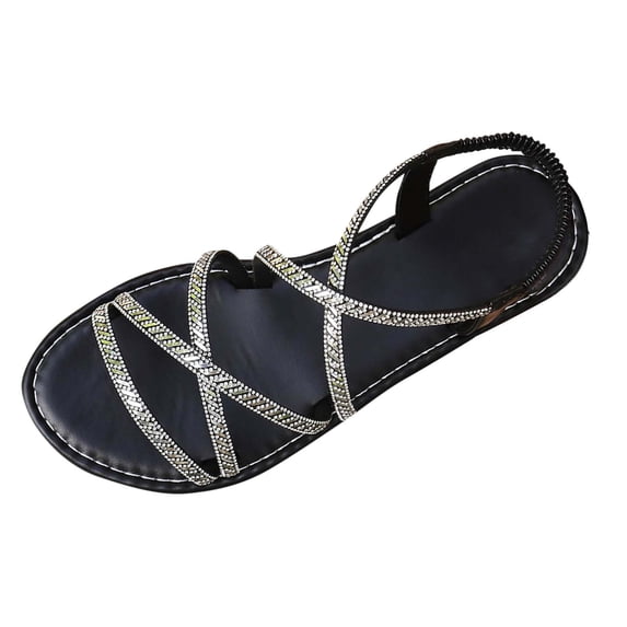 HomeDM Womens Flats Sandals Rhinestone Strappy Open Toe Elastic Ankle Strap Slip on Comfy Summer Beach Walking Sandals, Black Size 6.5