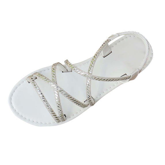 HomeDM Womens Flats Sandals Rhinestone Strappy Open Toe Elastic Ankle Strap Slip on Comfy Summer Beach Walking Sandals, White Size 5.5