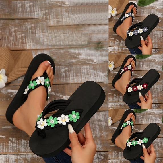 HomeDM Womens Flip Flops Flat Sandals Slip On Comfortable Thick Cushion Thong Sandals for Summer Beach, Green Size 5.5