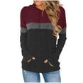 thumbnail image 1 of HomeDM Womens Hoodies Sweatshirts Fall Color Block Striped Workout Sweatshirts Long Sleeve Textured Pullover Tops with Pockets - Wine/M, 1 of 5