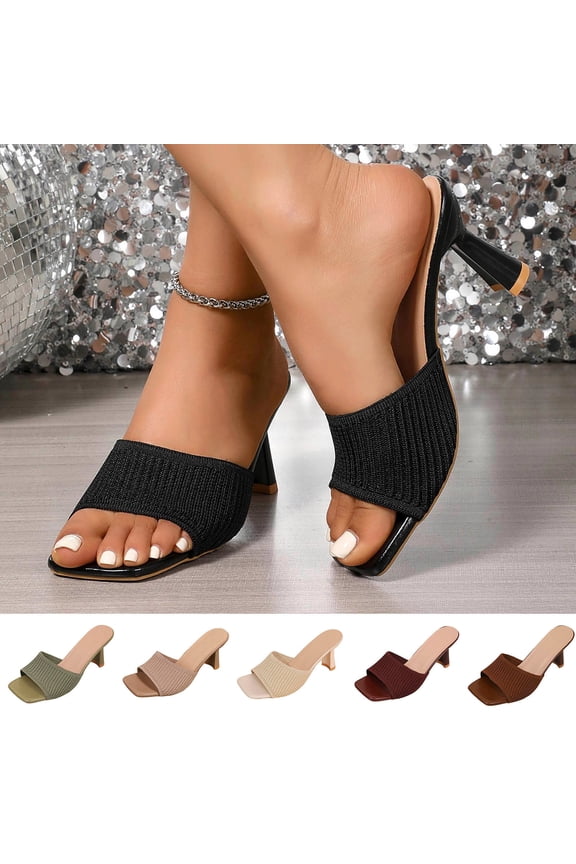 Womens Kitten Low Heels Sandals Dressy Square Open Toe Slip On Comfortable Mules Sandals for Wedding Party Casual, Black Size 5.5