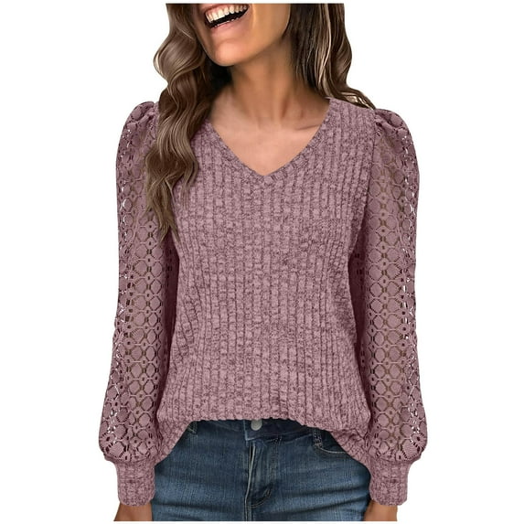 HomeDM Womens Lace Long Sleeve Shirts V Neck Business Work T-Shirts Fall Dressy Casual Beach Vacation Tops - Pink/L