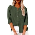 thumbnail image 1 of HomeDM Womens Long Sleeve Cotton Shirts Solid Color Basic Fall Summer Button Down Crew Neck Tops Casual Business Beach Tee Shirts - Army Green/L, 1 of 6