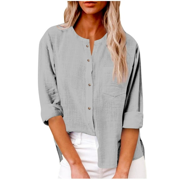 HomeDM Womens Long Sleeve Cotton Shirts Solid Color Basic Fall Summer Button Down Crew Neck Tops Casual Business Beach Tee Shirts - Gray/L