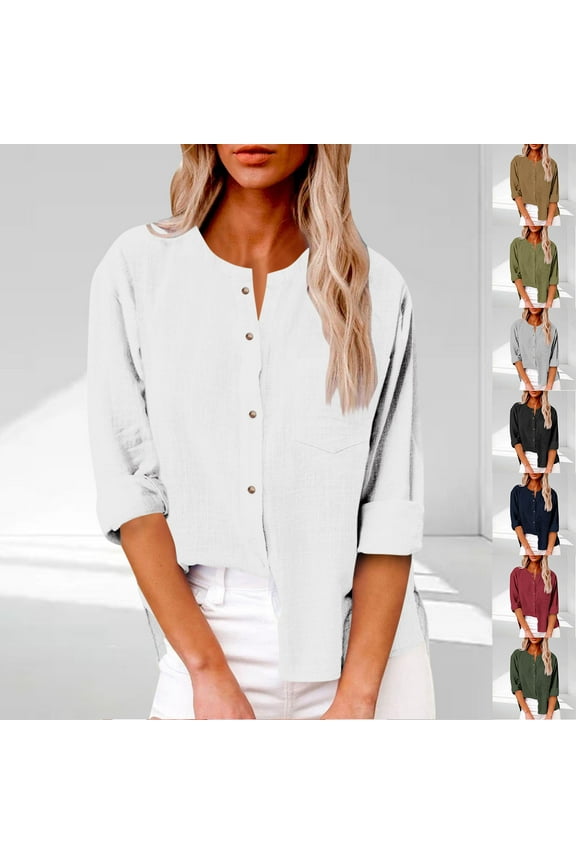 Womens Long Sleeve Cotton Shirts Solid Color Basic Fall Summer Button Down Crew Neck Tops Casual Business Beach Tee Shirts - White/L