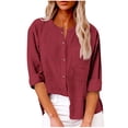 thumbnail image 1 of HomeDM Womens Long Sleeve Cotton Shirts Solid Color Basic Fall Summer Button Down Crew Neck Tops Casual Business Beach Tee Shirts - Wine/L, 1 of 6