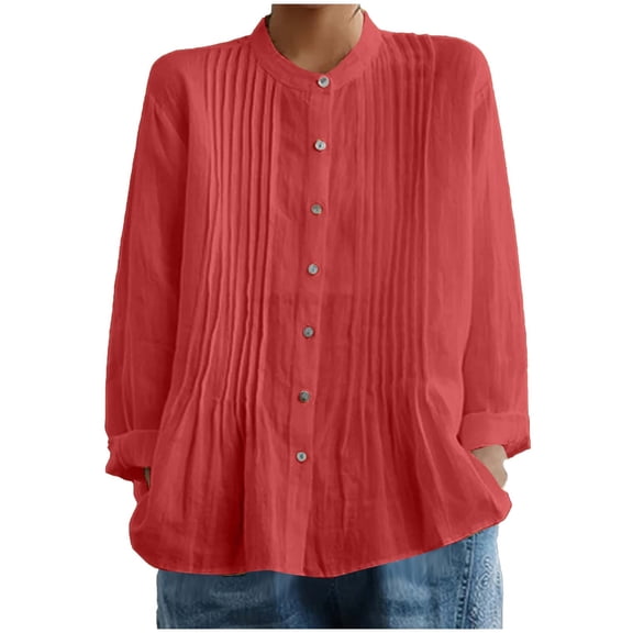 HomeDM Womens Long Sleeve Shirts, Button Down Crew Neck Trendy Pleated Loose Fit Tunic Tops - Red/M