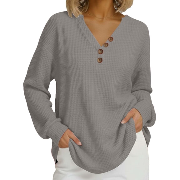 HomeDM Womens Long Sleeve Shirts, Solid Color Waffle Texture V Neck Pullover Tops - Gray/S