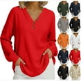 thumbnail image 1 of HomeDM Womens Long Sleeve Shirts, Solid Color Waffle Texture V Neck Pullover Tops - Red/L, 1 of 7