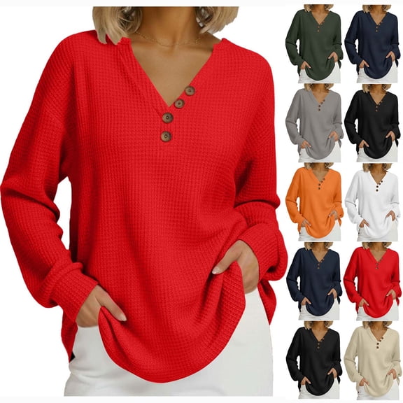 HomeDM Womens Long Sleeve Shirts, Solid Color Waffle Texture V Neck Pullover Tops - Red/S
