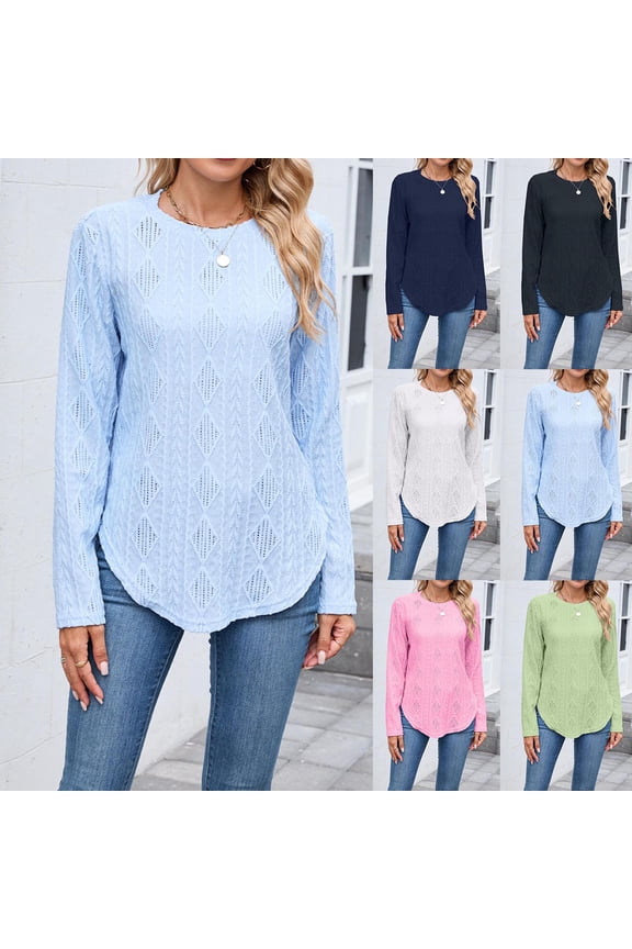 Womens Long Sleeve Shirts Trendy Solid Color Basic Crewneck Tee Fall Tops with Side Split Casual Workout Curved Hem T-Shirts - Light Blue/L