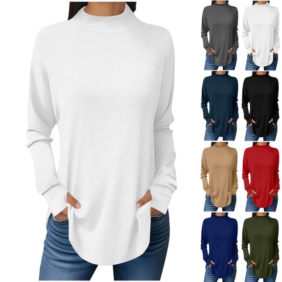 HomeDM Womens Long Sleeve Shirts, Turtle Neck Pullover Tops with Thumb Holes Curved Hem for Fall Winter - White/L