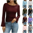 thumbnail image 1 of HomeDM Womens Long Sleeve T Shirts Crew Neck Slim Fitted Solid Color Basic Tops Side Shirring Shirts - Wine/L, 1 of 8