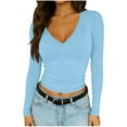 thumbnail image 1 of HomeDM Womens Long Sleeve T Shirts V Neck Slim Fitted Solid Color Tight Basic Tops - Blue/S, 1 of 9