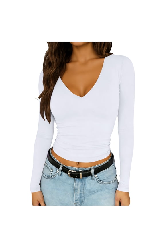 HomeDM Womens Long Sleeve T Shirts V Neck Slim Fitted Solid Color Tight Basic Tops - White/S