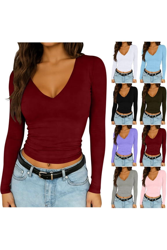 HomeDM Womens Long Sleeve T Shirts V Neck Slim Fitted Solid Color Tight Basic Tops - Wine/L