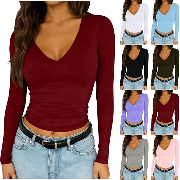 HomeDM Womens Long Sleeve T Shirts V Neck Slim Fitted Solid Color Tight Basic Tops - Wine/XL