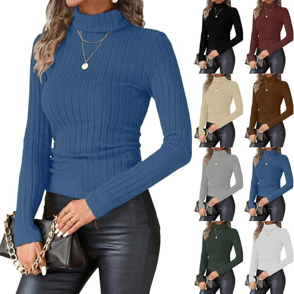 HomeDM Womens Long Sleeve Tops Mock Turtleneck Basic T Shirt Fall Tight Fitted Thermal Ribbed Sweaters - Navy/L