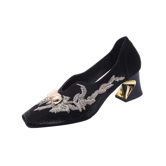HomeDM Womens Low Block Heels Closed Square Toe Slip-On Work Office Wedding Party Dress Pumps Shoes, Black Size 9