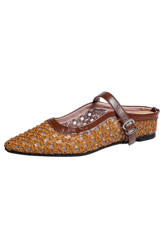 Womens Mary Jane Flats Woven Mesh Closed Pointed Toe Slip-On Ballet Flat Dress Shoes for Office Casual, Brown Size 7