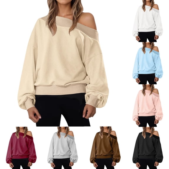 HomeDM Womens Off Shoulder Sweatshirt Slouchy Long Sleeve Shirts Casual Fall Trendy Pullover Tops Solid Color - Khaki/M