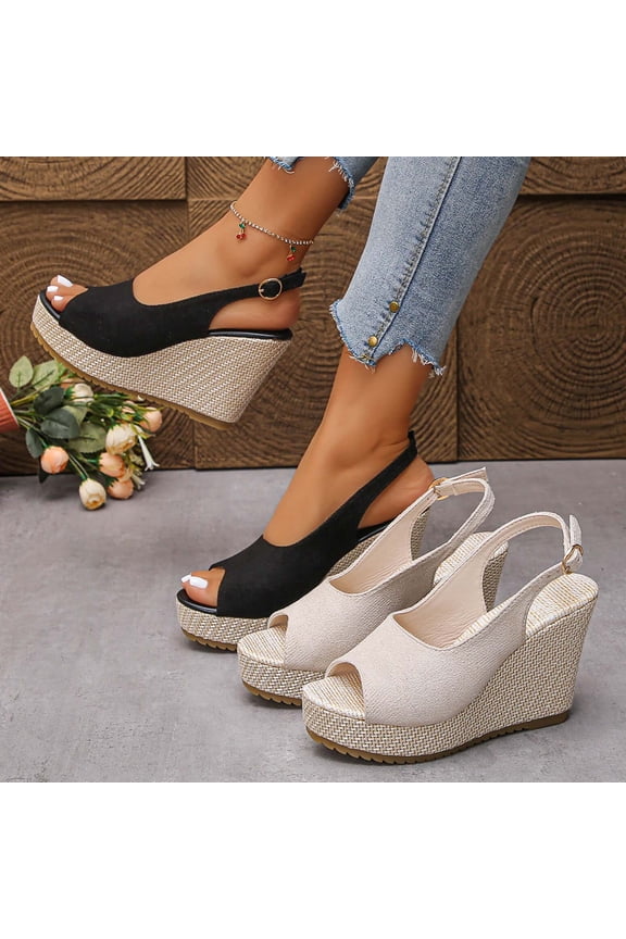Womens Open Toe Espadrilles Platform Sandals Slip On Buckle Slingback Wedges Heels Summer Slide Sandals, Beige Size 7.5