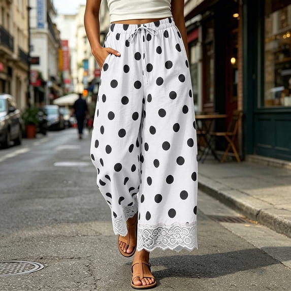 HomeDM Womens Pants Casual Drawstring Wide Leg Trousers White Polka Dot Lace Trim Lounge Pants with Pocket Size L
