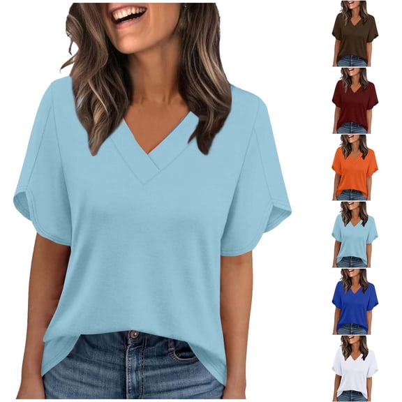 HomeDM Womens Petal Short Sleeve T Shirts, V Neck Solid Color Loose Fit Basic Tee for Women Summer - Light Blue/XL