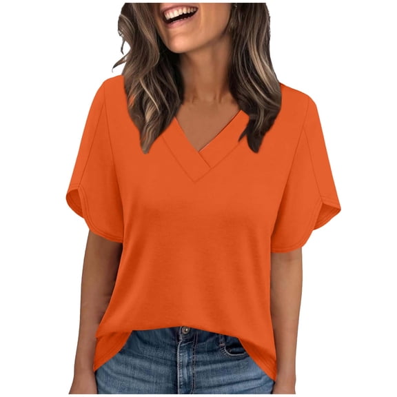 HomeDM Womens Petal Short Sleeve T Shirts, V Neck Solid Color Loose Fit Basic Tee for Women Summer - Orange/2XL