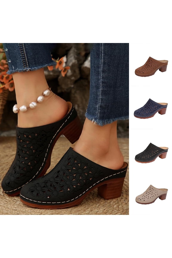 Womens Platform Chunky Mules Low Block Heels Closed Toe Slip-on Sandals Summer Vacation Slide Clogs, Black Size 8.5