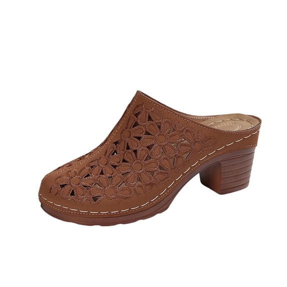 HomeDM Womens Platform Chunky Mules Low Block Heels Closed Toe Slip-on Sandals Summer Vacation Slide Clogs, Brown Size 7.5