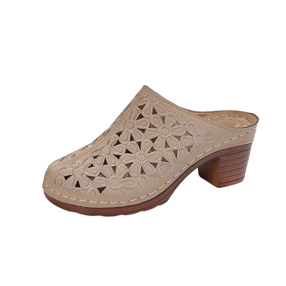 HomeDM Womens Platform Chunky Mules Low Block Heels Closed Toe Slip-on Sandals Summer Vacation Slide Clogs, Khaki Size 5.5
