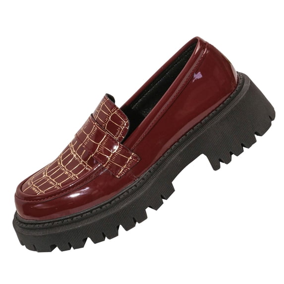 HomeDM Womens Platform Low Chunky Heel Loafers Round Closed Toe Slip On Office Work Business Casual Shoes, Wine Size 7