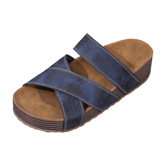 HomeDM Womens Platform Open Toe Sandals Comfort Arch Support Footbed Summer Beach Slip On Slides, Blue Size 9.5