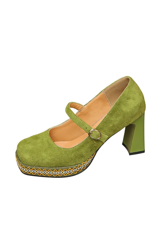 Womens Platform Square Closed Toe Heels Buckle Strap Slip On Chunky Heels Party Dress Shoes, Green Size 9