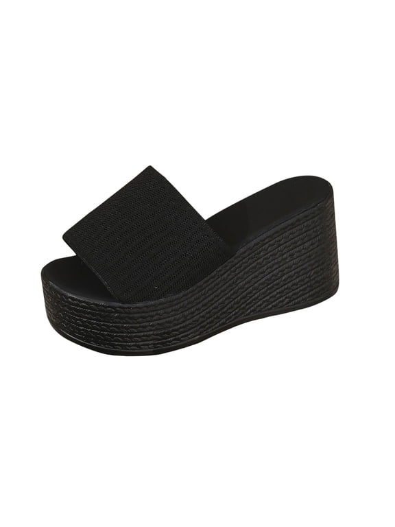 Womens Platform Wedge Sandals Open Toe Espadrilles High Heel Slip On Summer Sandals, Black Size 7.5